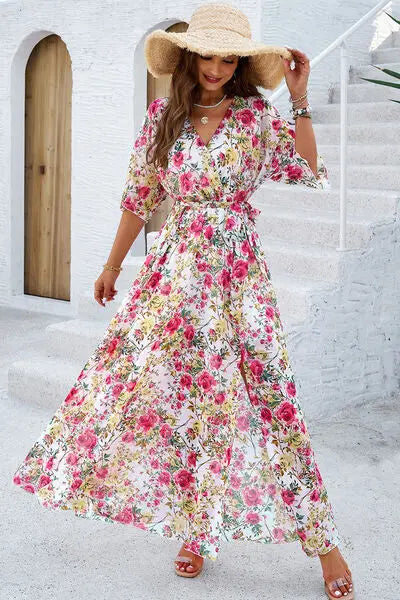 Printed Tied Half Sleeve Slit Dress Trendsi