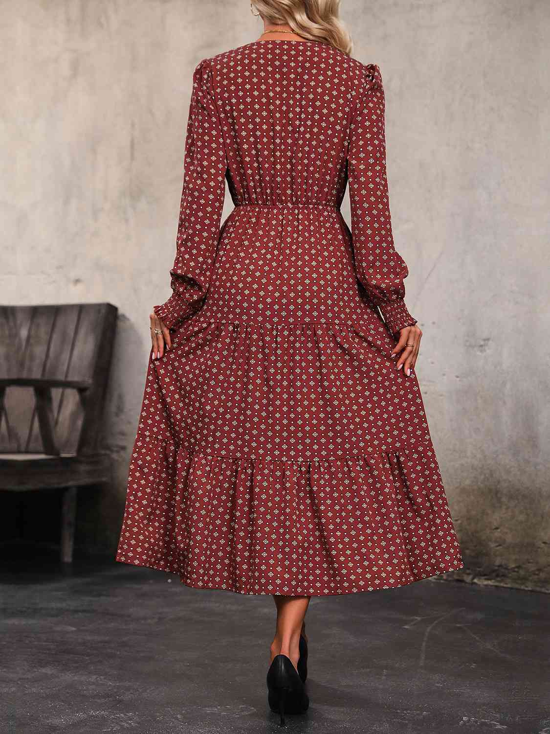 Printed Tiered V-Neck Buttoned Midi Dress BLUE ZONE PLANET