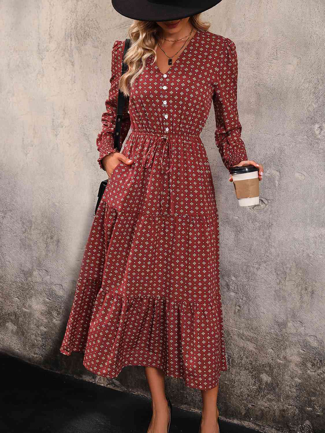 Printed Tiered V-Neck Buttoned Midi Dress BLUE ZONE PLANET
