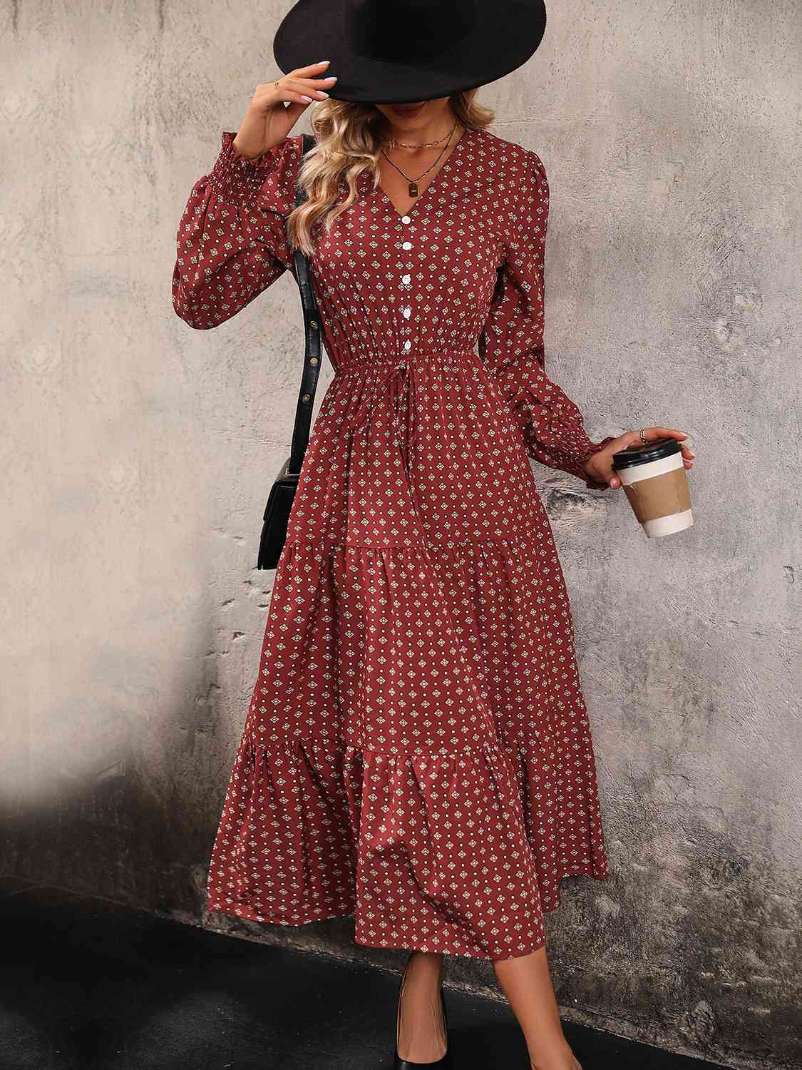 Printed Tiered V-Neck Buttoned Midi Dress BLUE ZONE PLANET