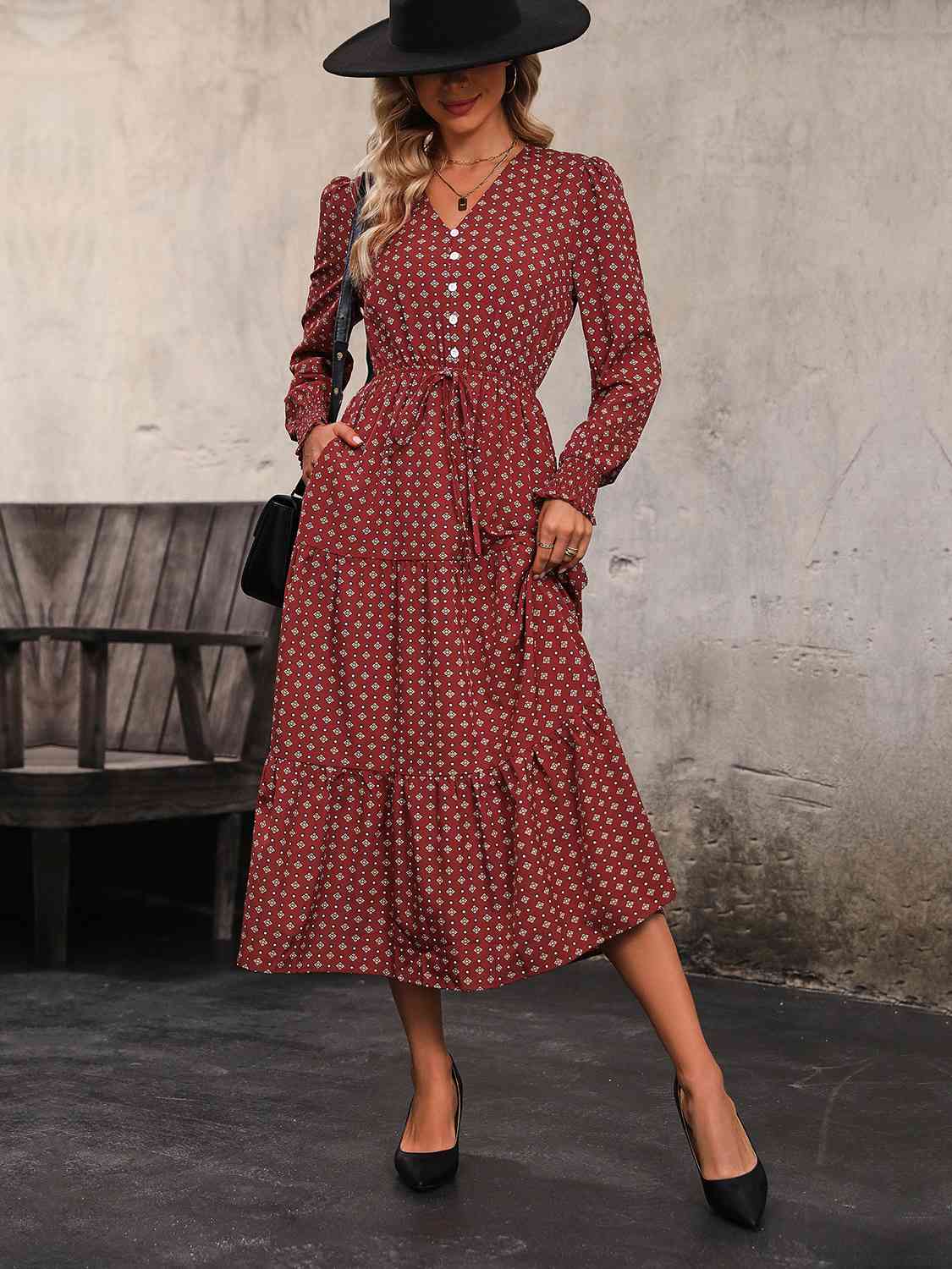Printed Tiered V-Neck Buttoned Midi Dress BLUE ZONE PLANET