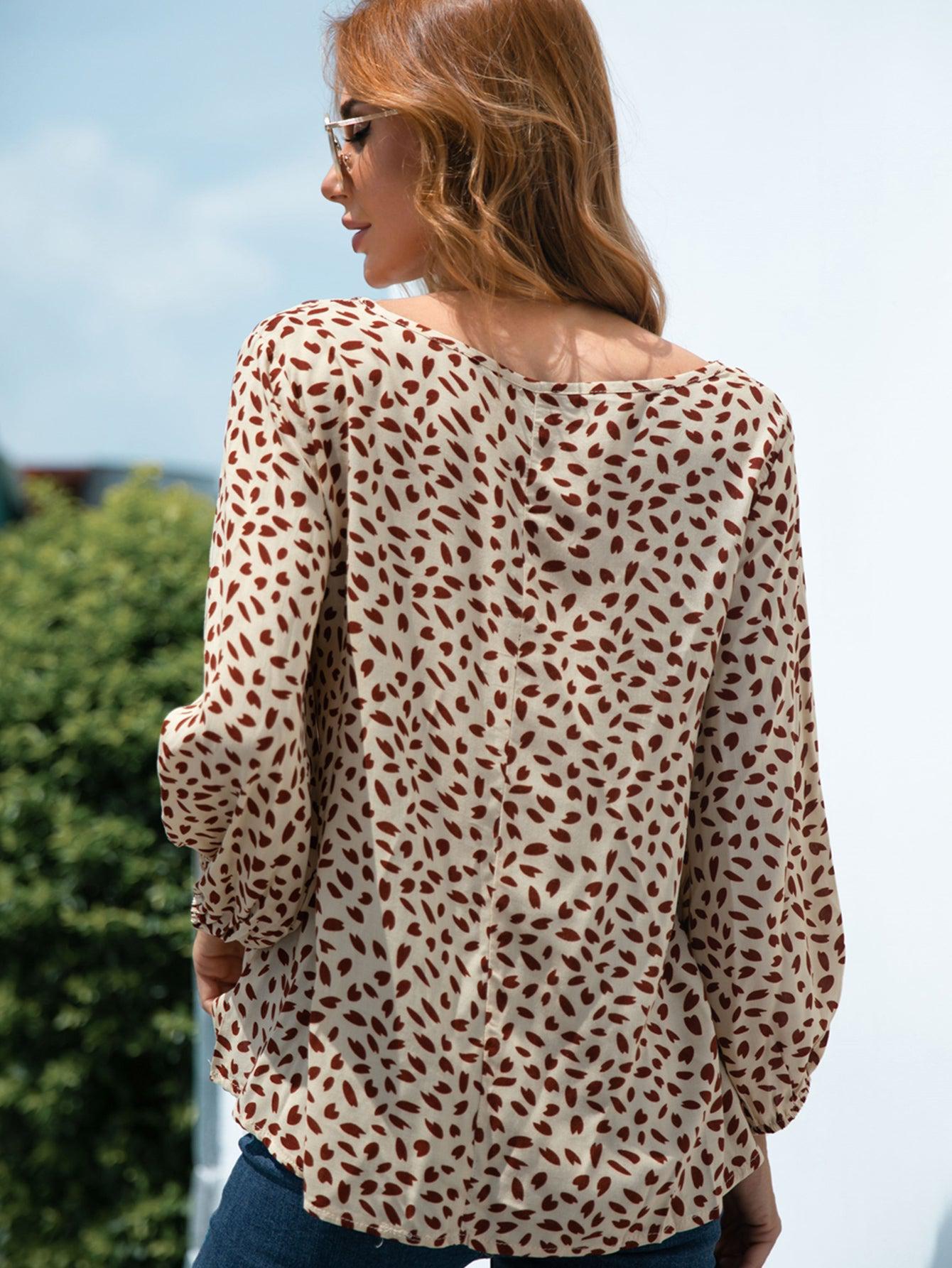Printed V-Neck Balloon Sleeve Blouse BLUE ZONE PLANET