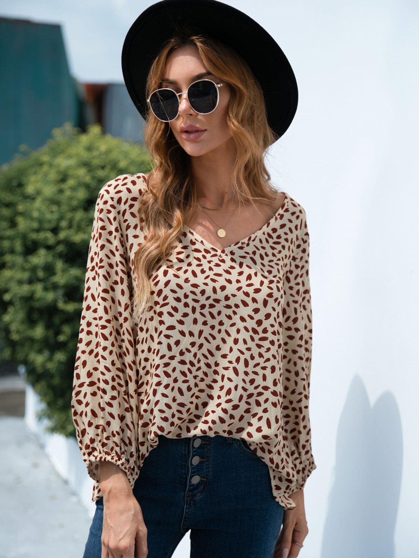 Printed V-Neck Balloon Sleeve Blouse BLUE ZONE PLANET