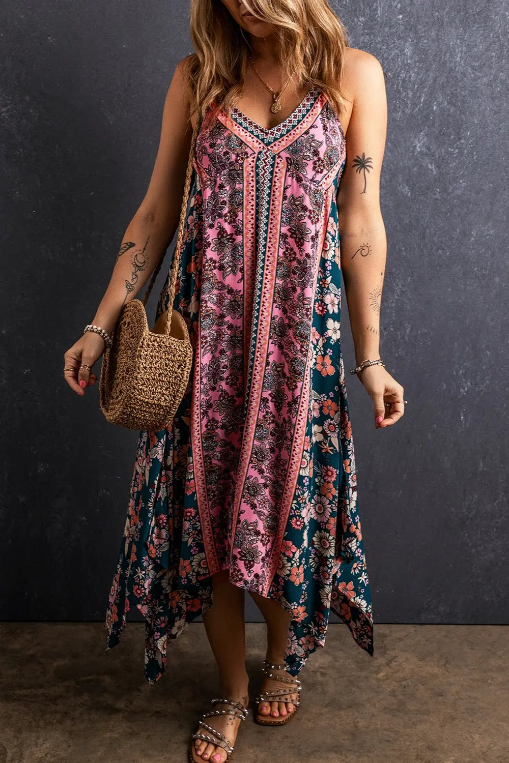 Printed V-Neck Midi Cami Dress BLUE ZONE PLANET