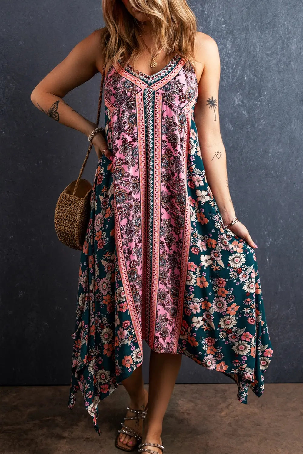 Printed V-Neck Midi Cami Dress BLUE ZONE PLANET