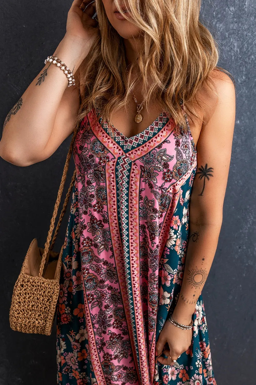 Printed V-Neck Midi Cami Dress BLUE ZONE PLANET