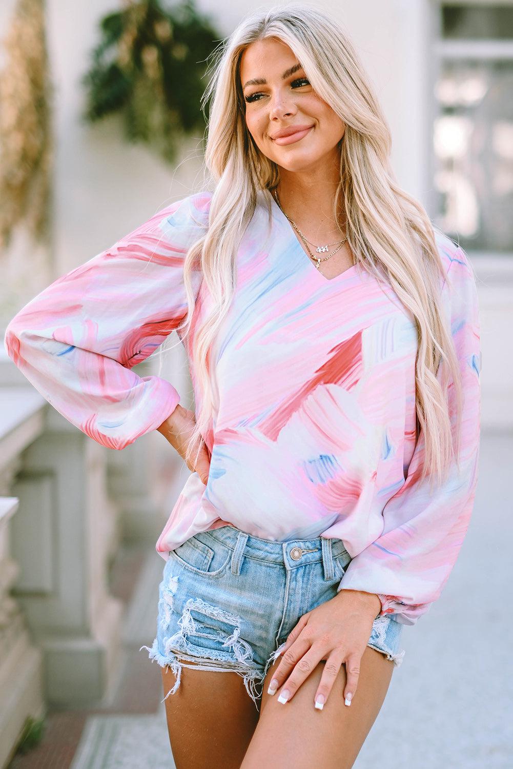 Printed V-Neck Puff Sleeve Blouse BLUE ZONE PLANET