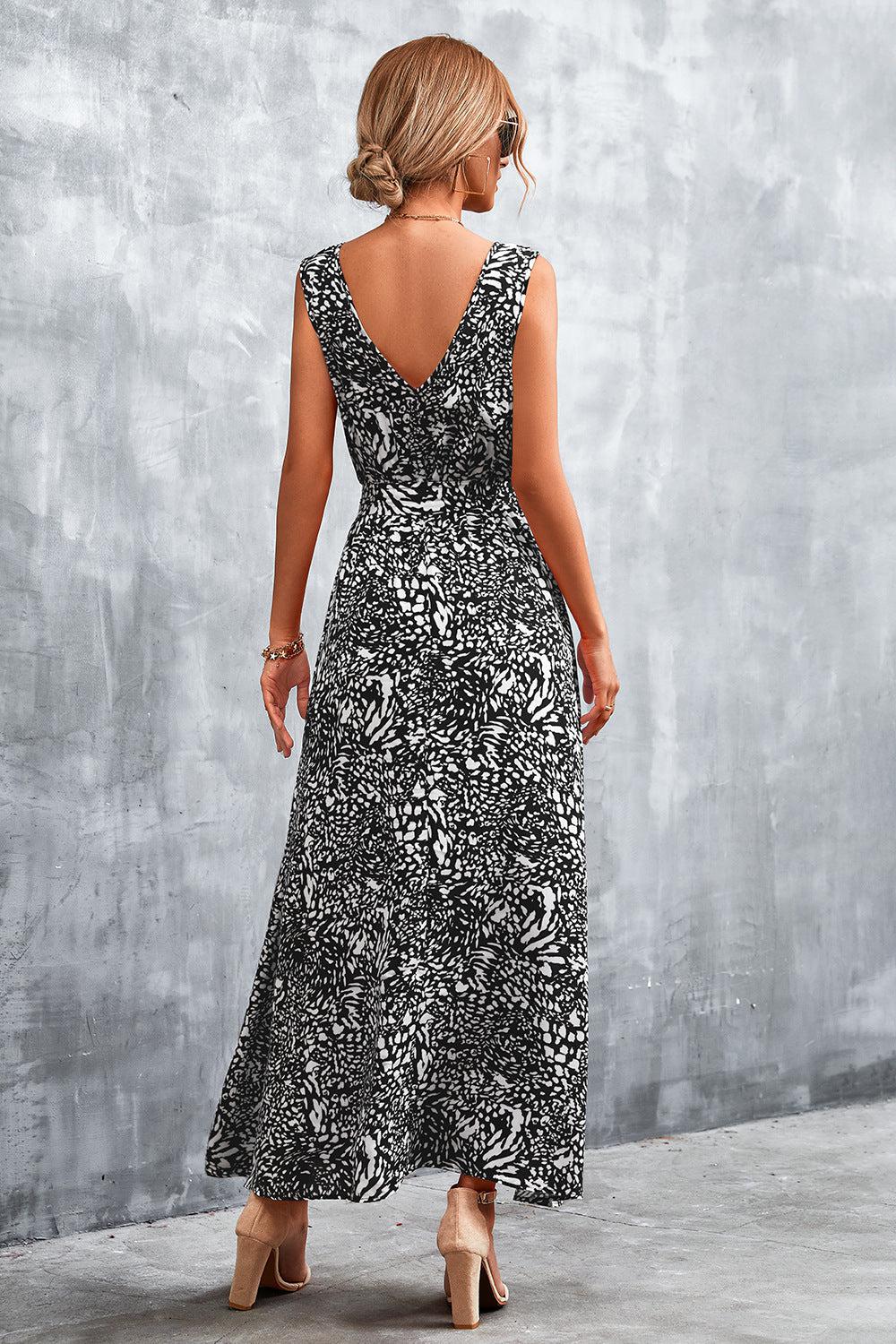 Printed V-Neck Tie Waist Maxi Dress BLUE ZONE PLANET