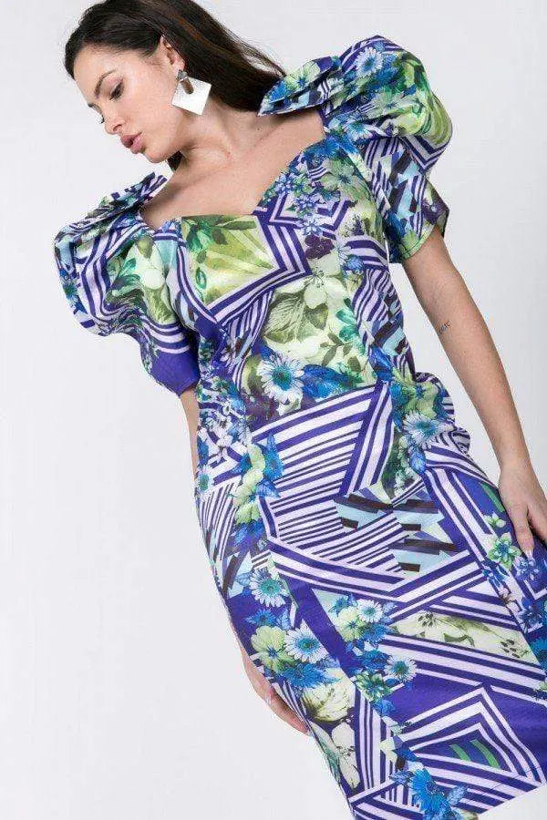 Puff Sleeve Bodycon Print Dress Blue Zone Planet