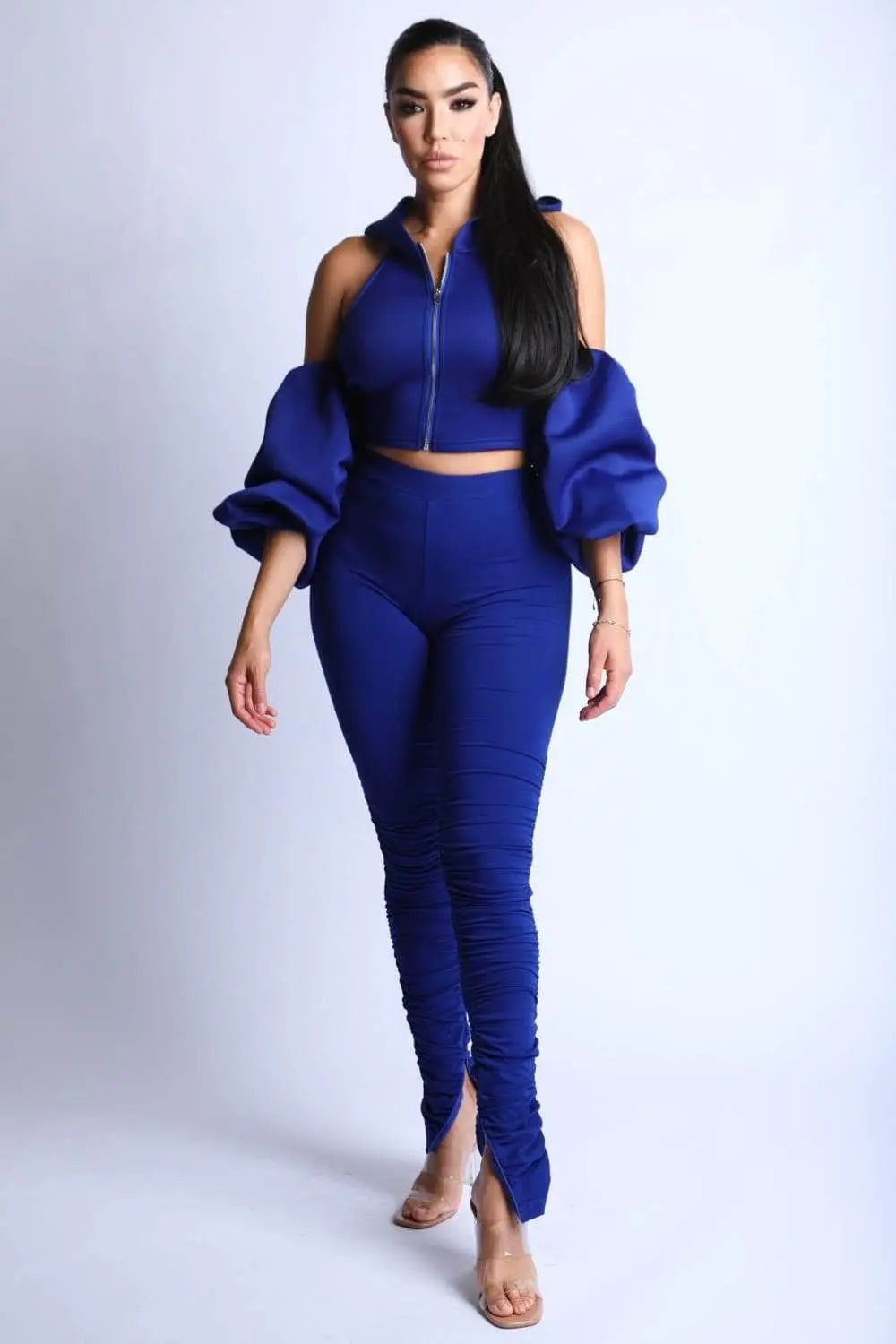 Puff Sleeve Fashion Hoodie with Leggings Set Blue Zone Planet