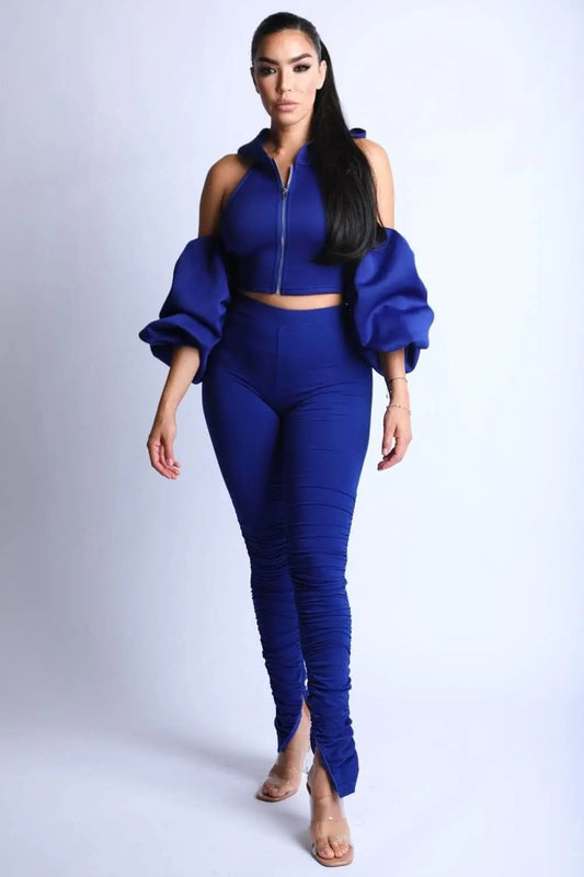 Puff Sleeve Fashion Hoodie with Leggings Set Blue Zone Planet