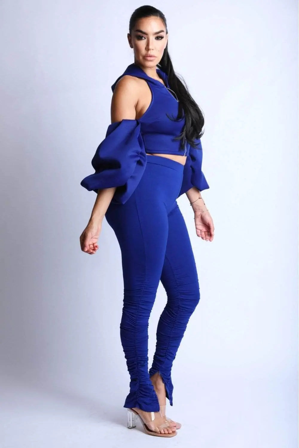 Puff Sleeve Fashion Hoodie with Leggings Set Blue Zone Planet