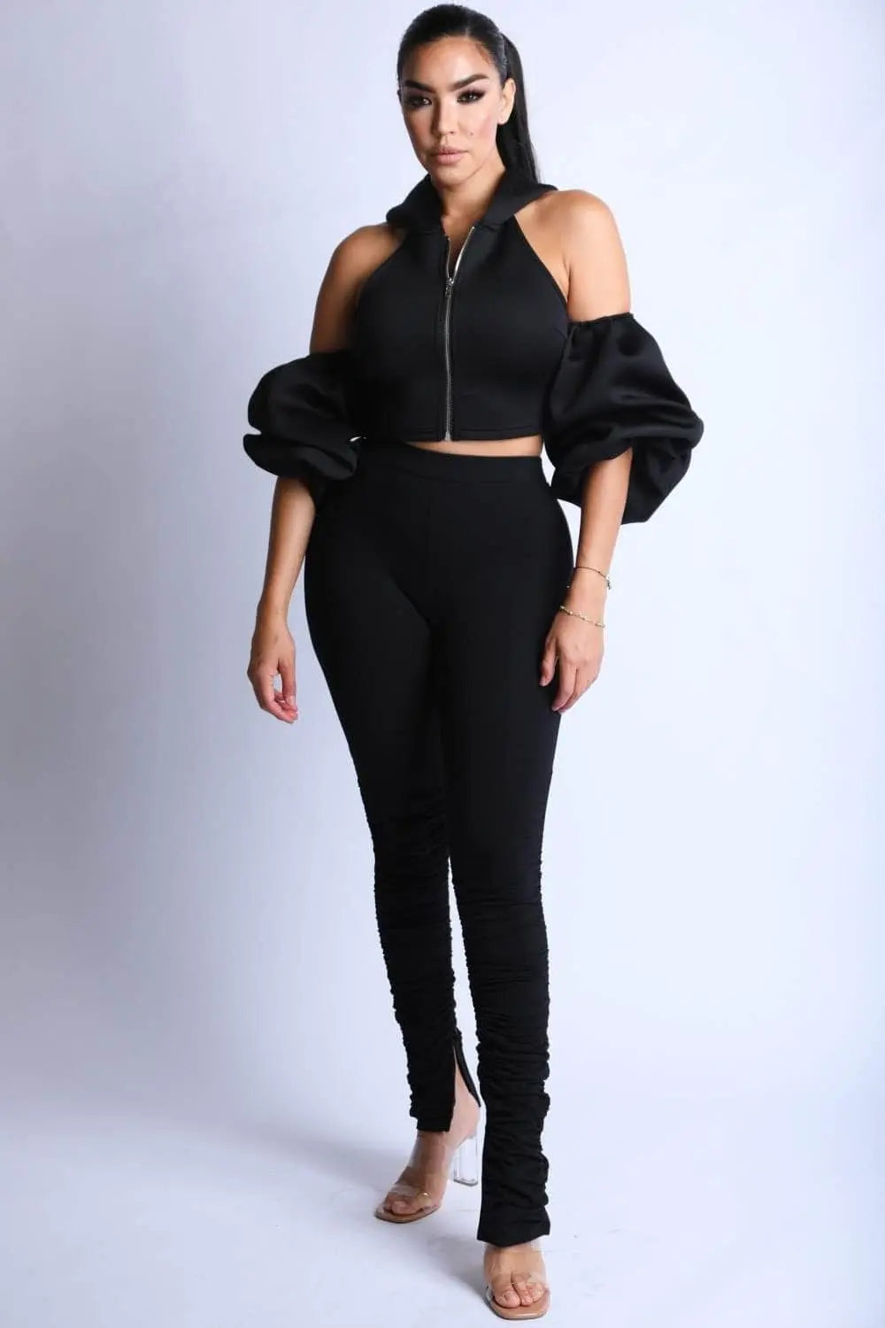 Puff Sleeve Fashion Hoodie with Leggings Set Blue Zone Planet