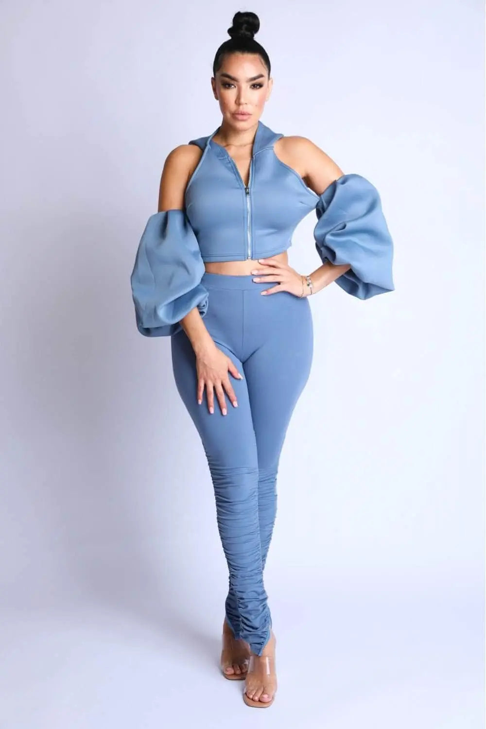 Puff Sleeve Fashion Hoodie with Leggings Set Blue Zone Planet
