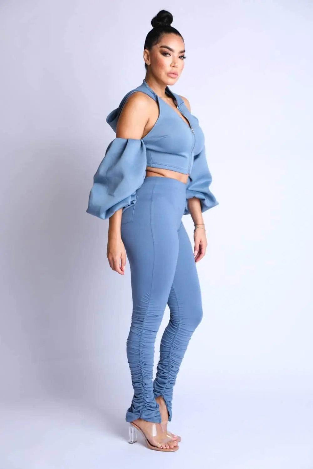 Puff Sleeve Fashion Hoodie with Leggings Set Blue Zone Planet