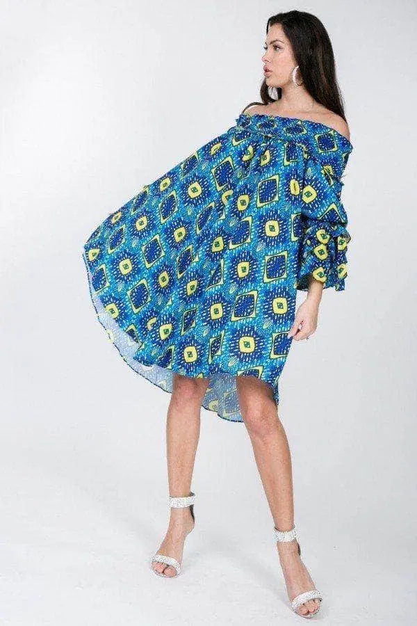 Puffy Ruffle Sleeve Smocking Off Shoulder Print Midi Dress Blue Zone Planet