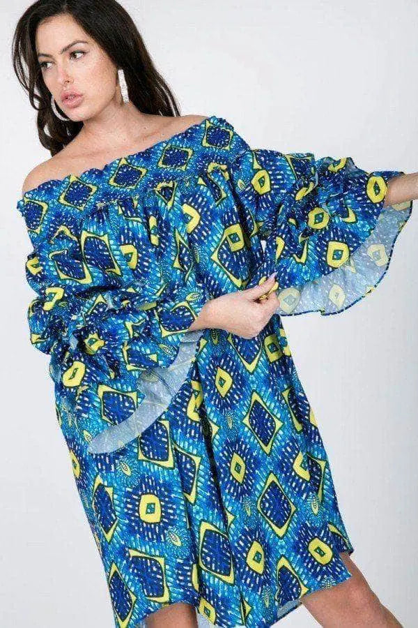 Puffy Ruffle Sleeve Smocking Off Shoulder Print Midi Dress Blue Zone Planet