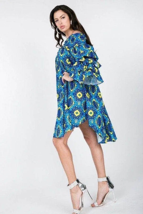 Puffy Ruffle Sleeve Smocking Off Shoulder Print Midi Dress Blue Zone Planet