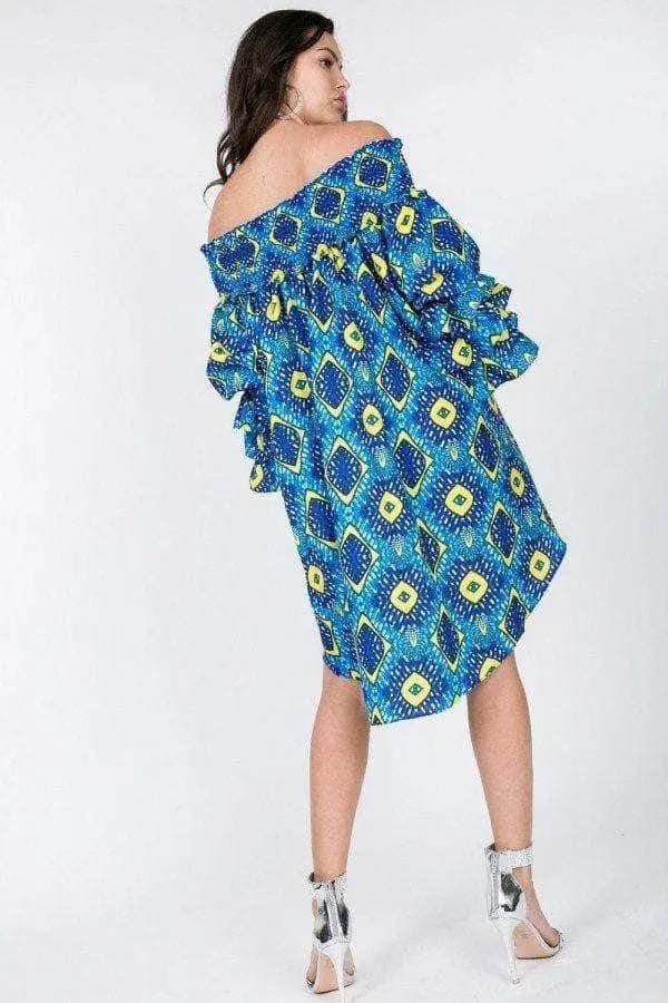 Puffy Ruffle Sleeve Smocking Off Shoulder Print Midi Dress Blue Zone Planet
