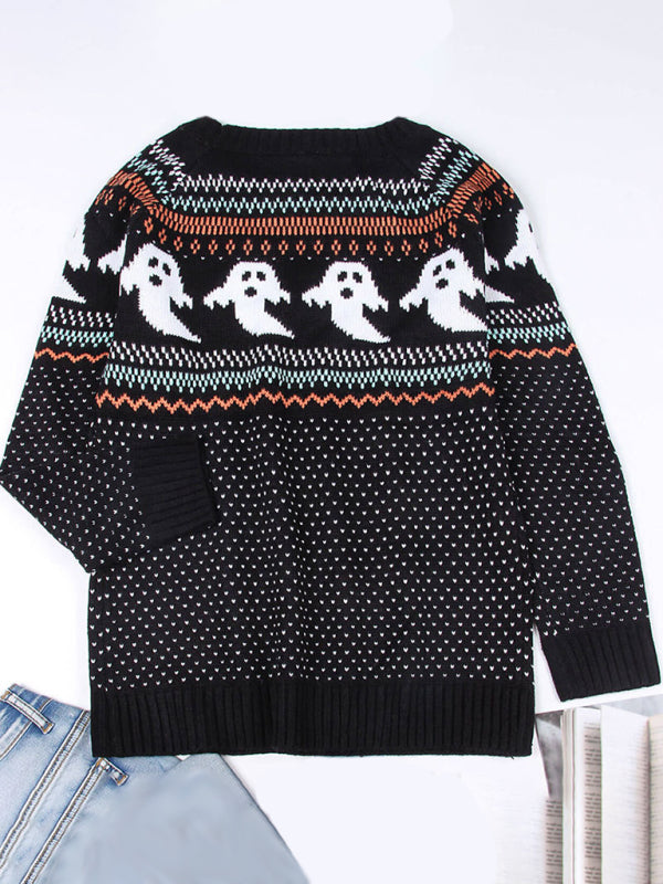Pullover ghost skull retro sweater for women loose autumn and winter long-sleeved sweater BLUE ZONE PLANET
