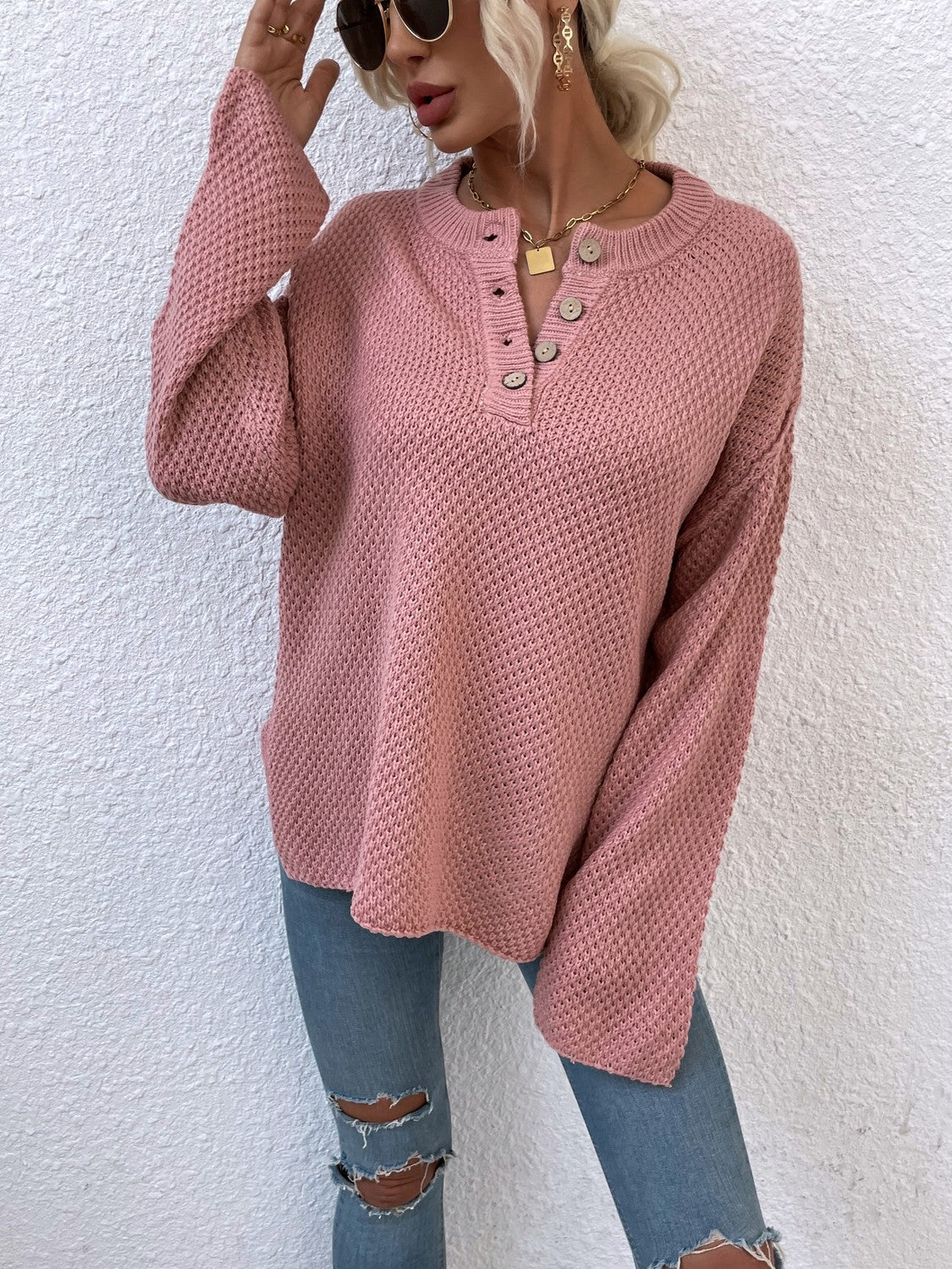 Quarter-Button Slit Sweater BLUE ZONE PLANET