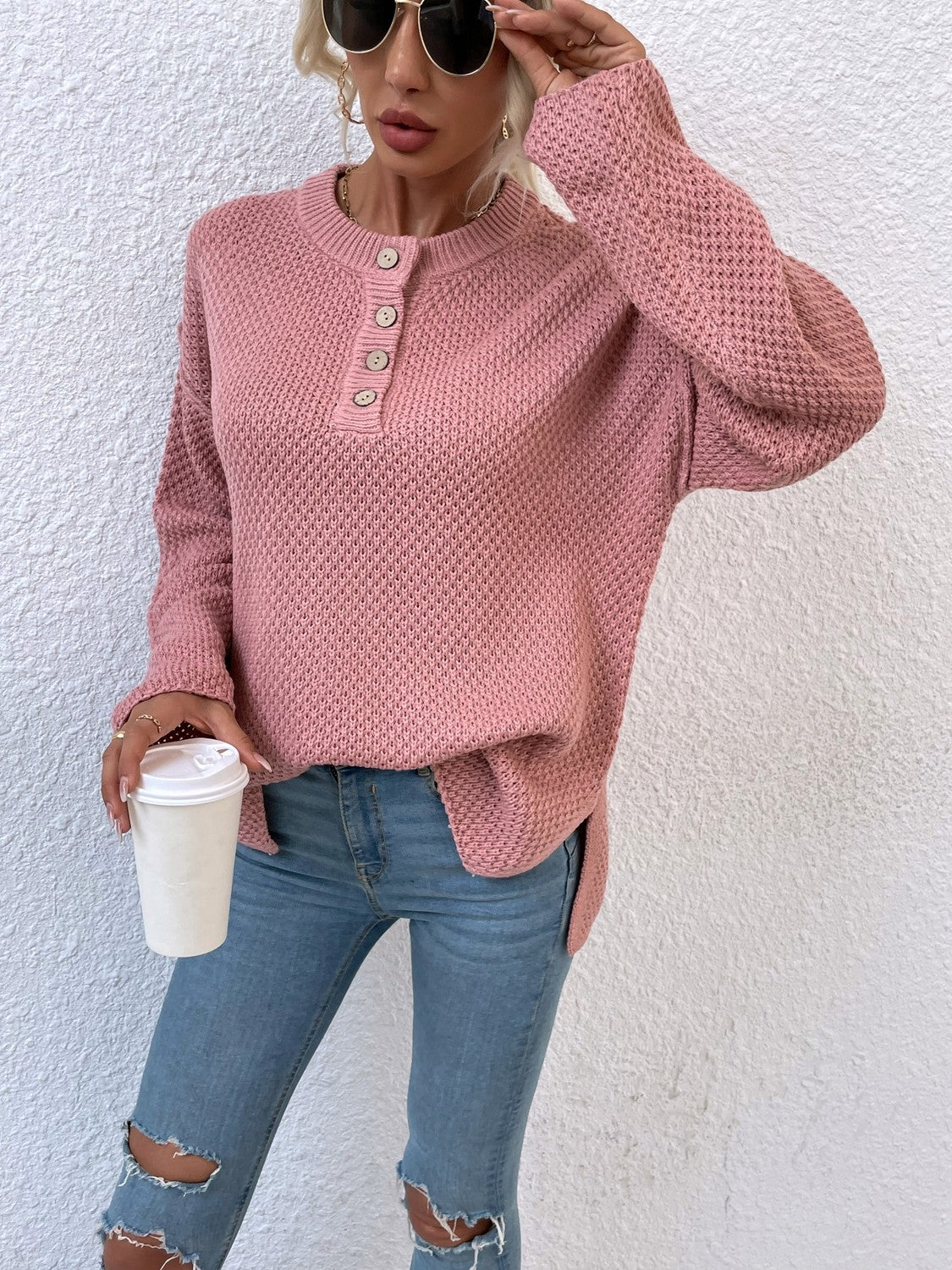 Quarter-Button Slit Sweater BLUE ZONE PLANET