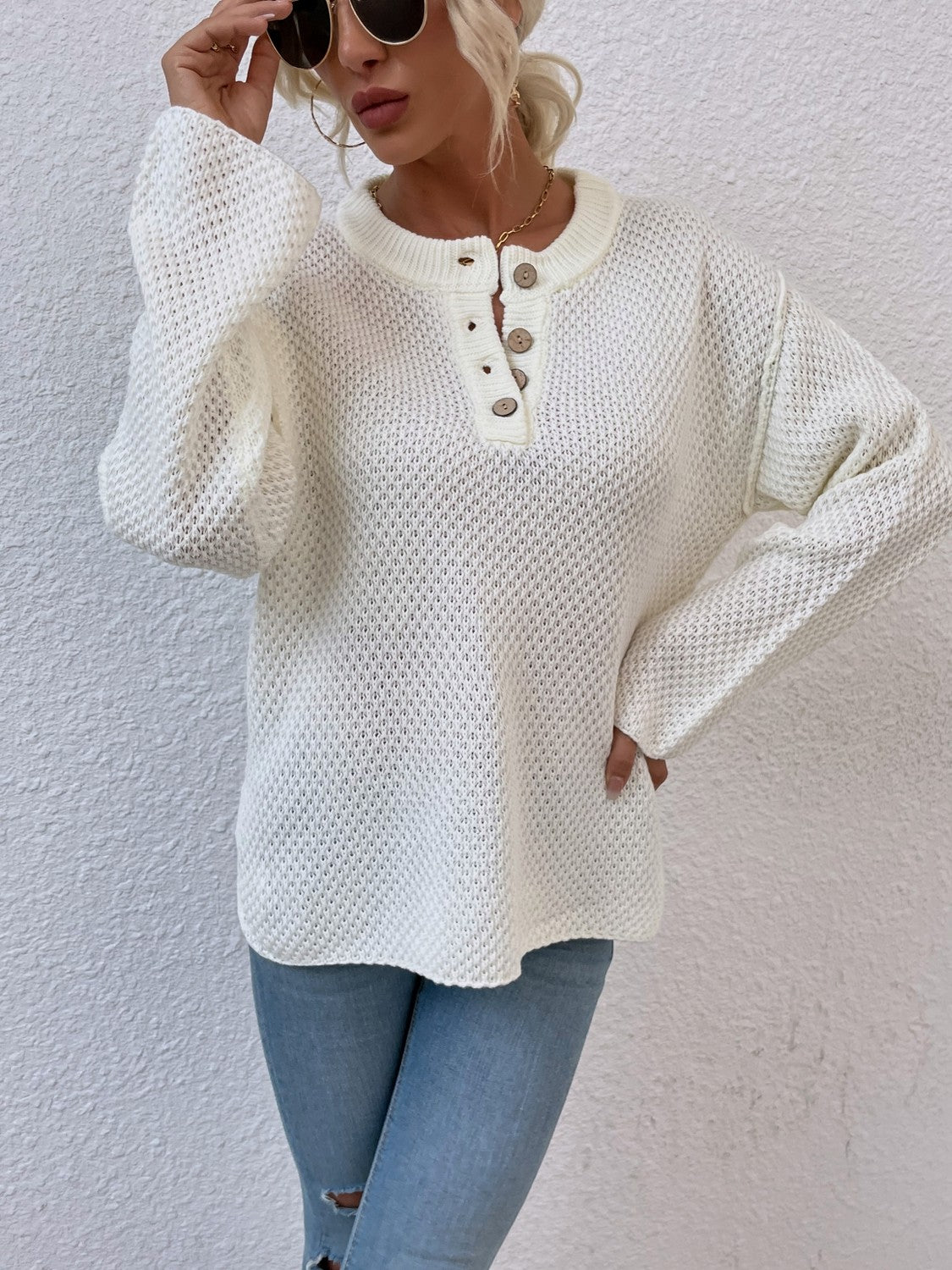 Quarter-Button Slit Sweater BLUE ZONE PLANET