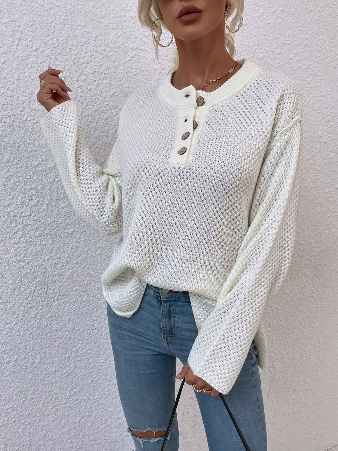 Quarter-Button Slit Sweater BLUE ZONE PLANET
