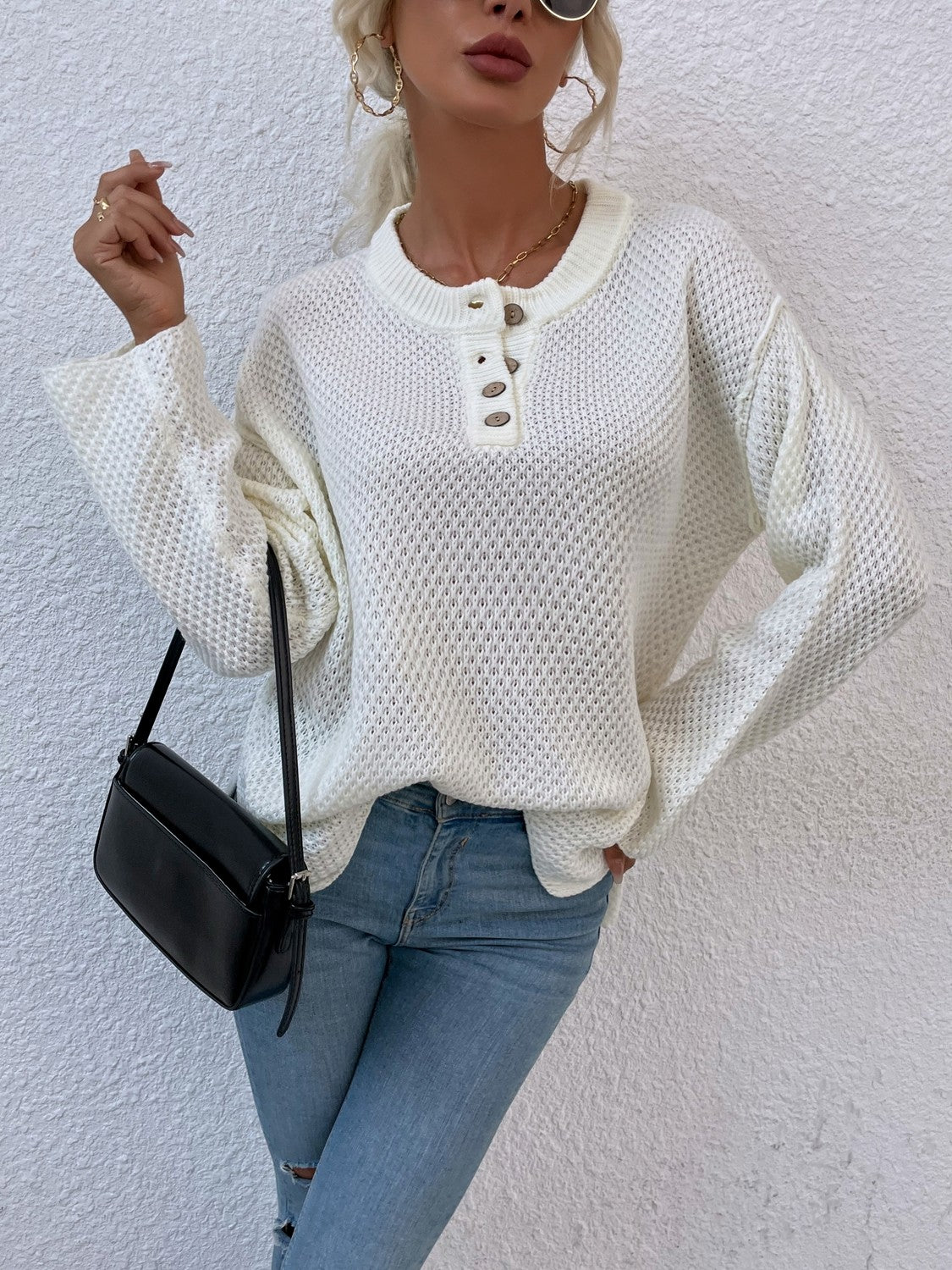 Quarter-Button Slit Sweater BLUE ZONE PLANET