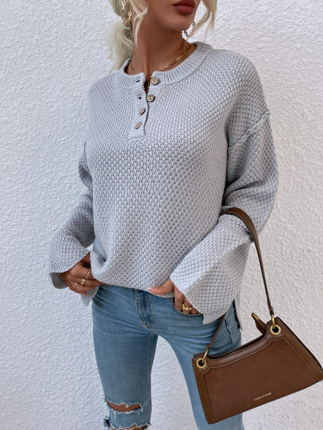 Quarter-Button Slit Sweater BLUE ZONE PLANET