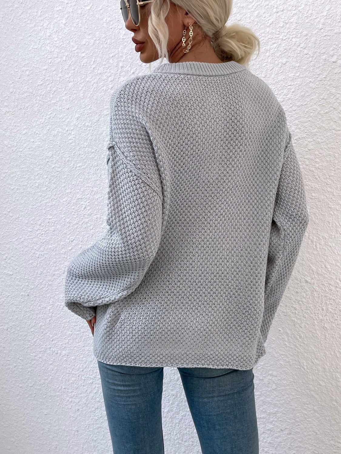 Quarter-Button Slit Sweater BLUE ZONE PLANET