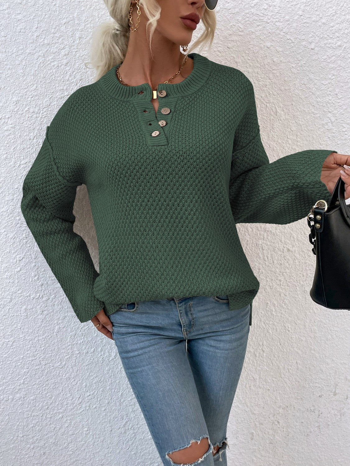 Quarter-Button Slit Sweater BLUE ZONE PLANET