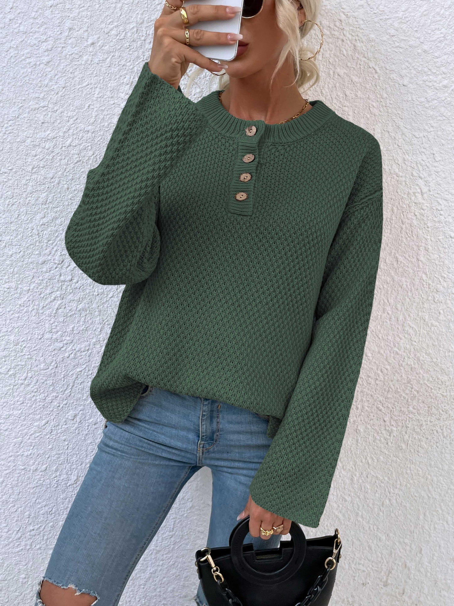 Quarter-Button Slit Sweater BLUE ZONE PLANET