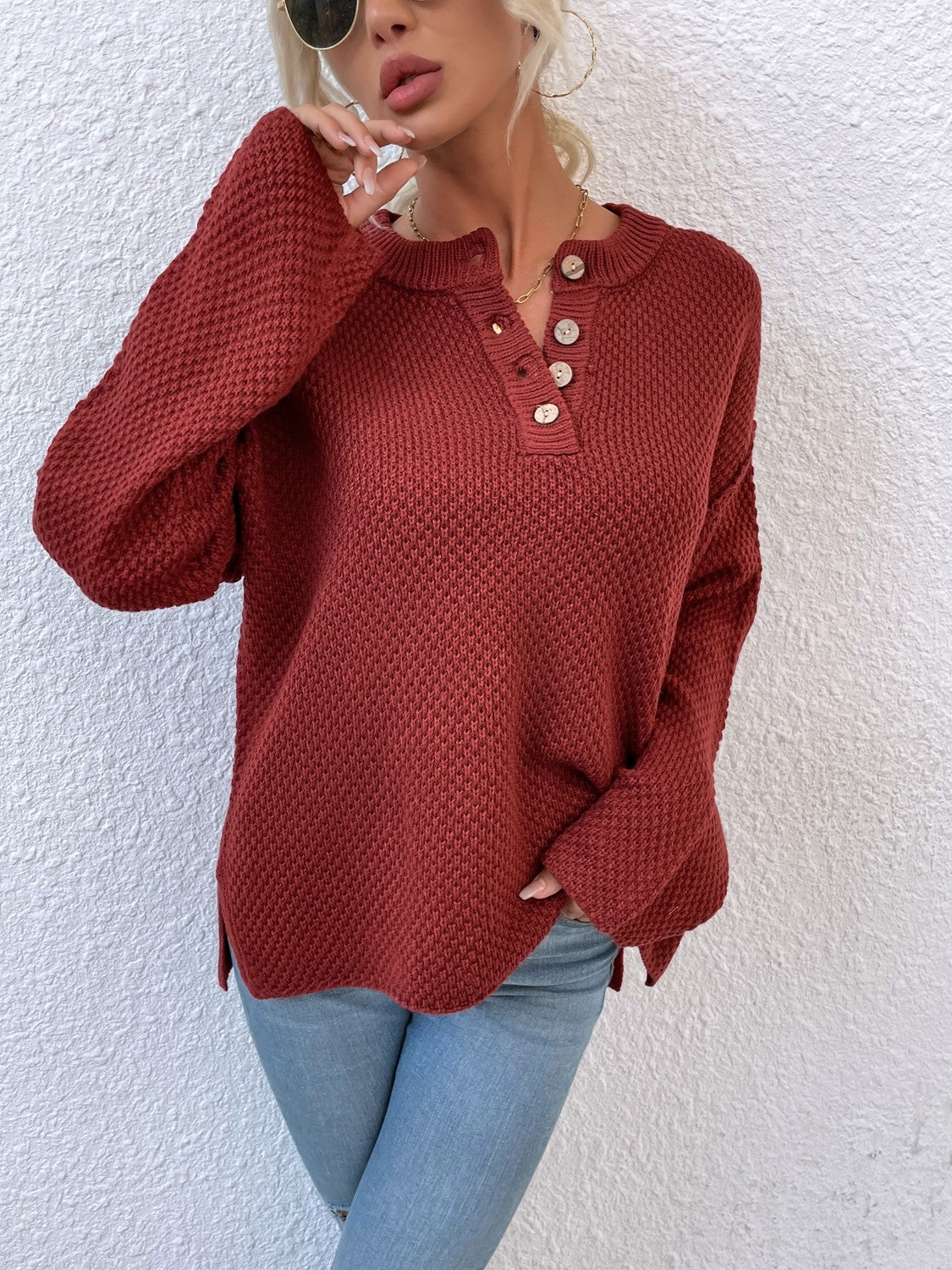 Quarter-Button Slit Sweater BLUE ZONE PLANET