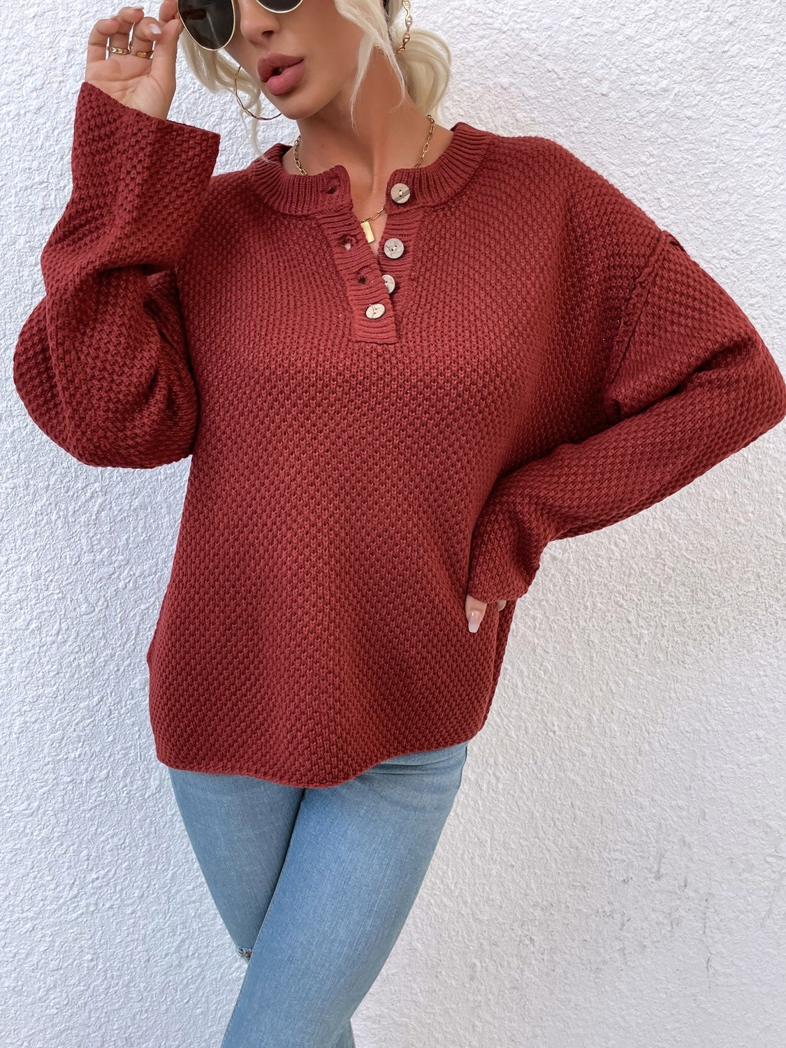 Quarter-Button Slit Sweater BLUE ZONE PLANET