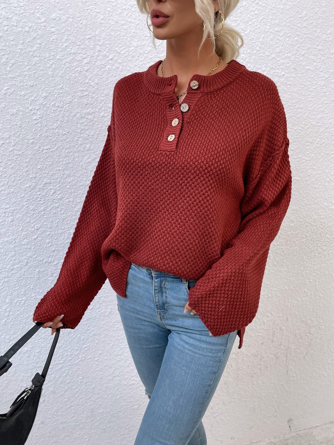 Quarter-Button Slit Sweater BLUE ZONE PLANET