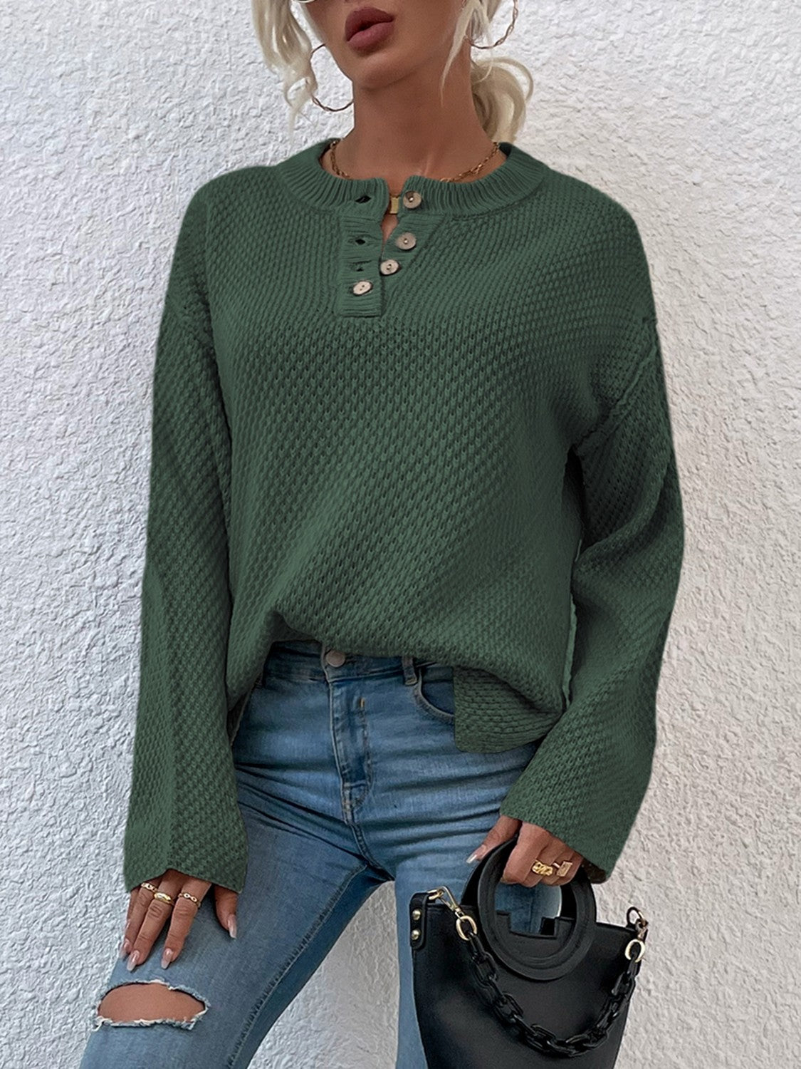 Quarter-Button Slit Sweater BLUE ZONE PLANET