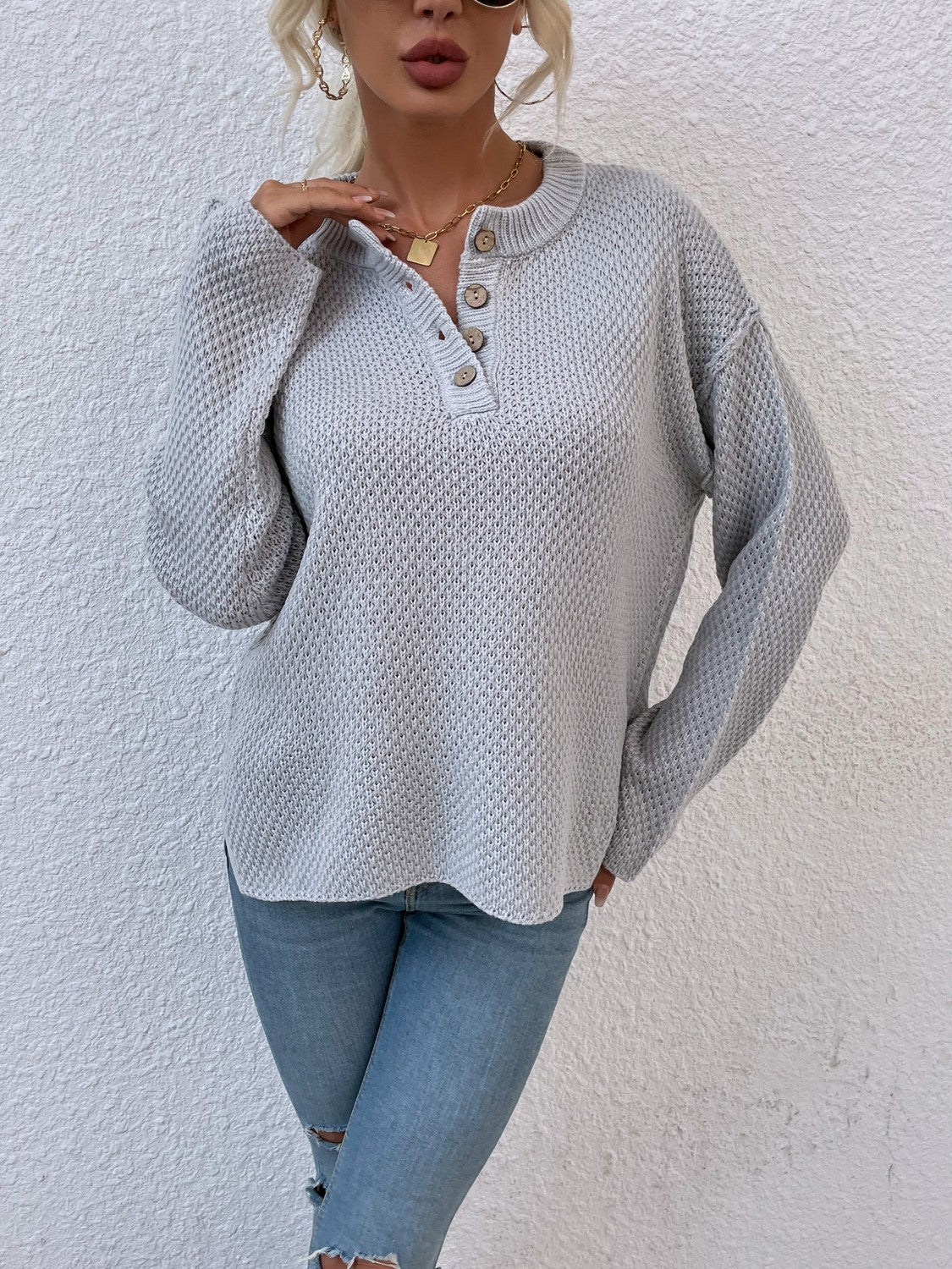 Quarter-Button Slit Sweater BLUE ZONE PLANET