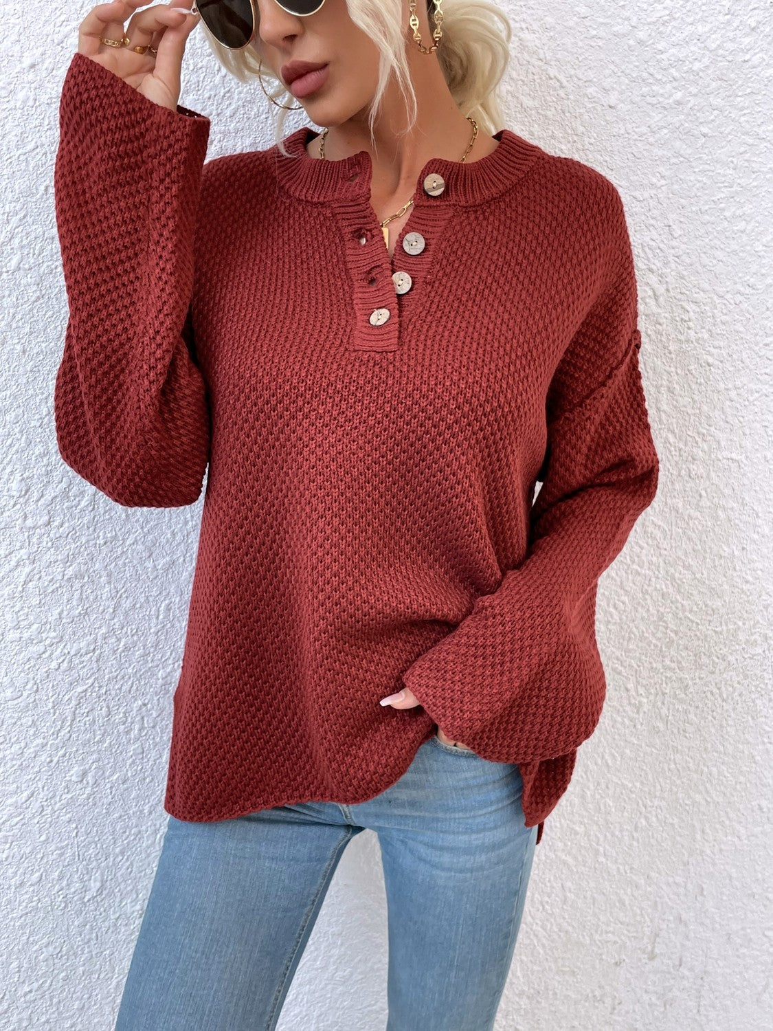 Quarter-Button Slit Sweater BLUE ZONE PLANET