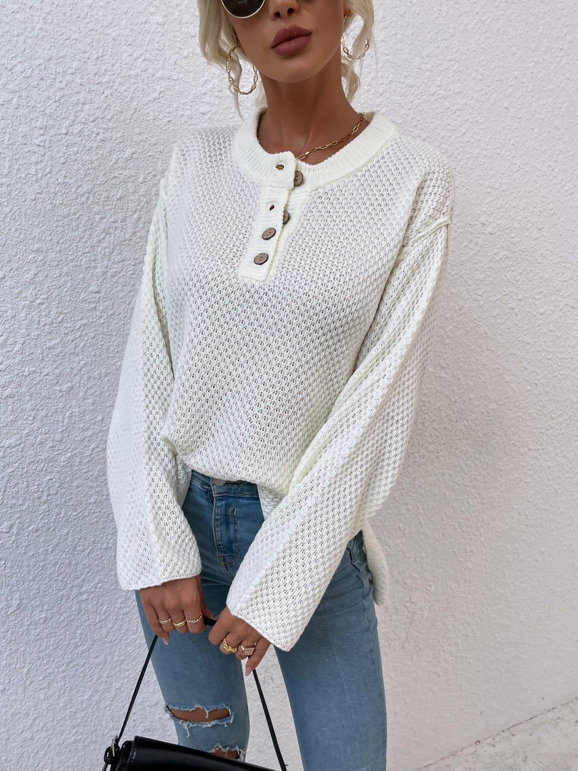 Quarter-Button Slit Sweater BLUE ZONE PLANET