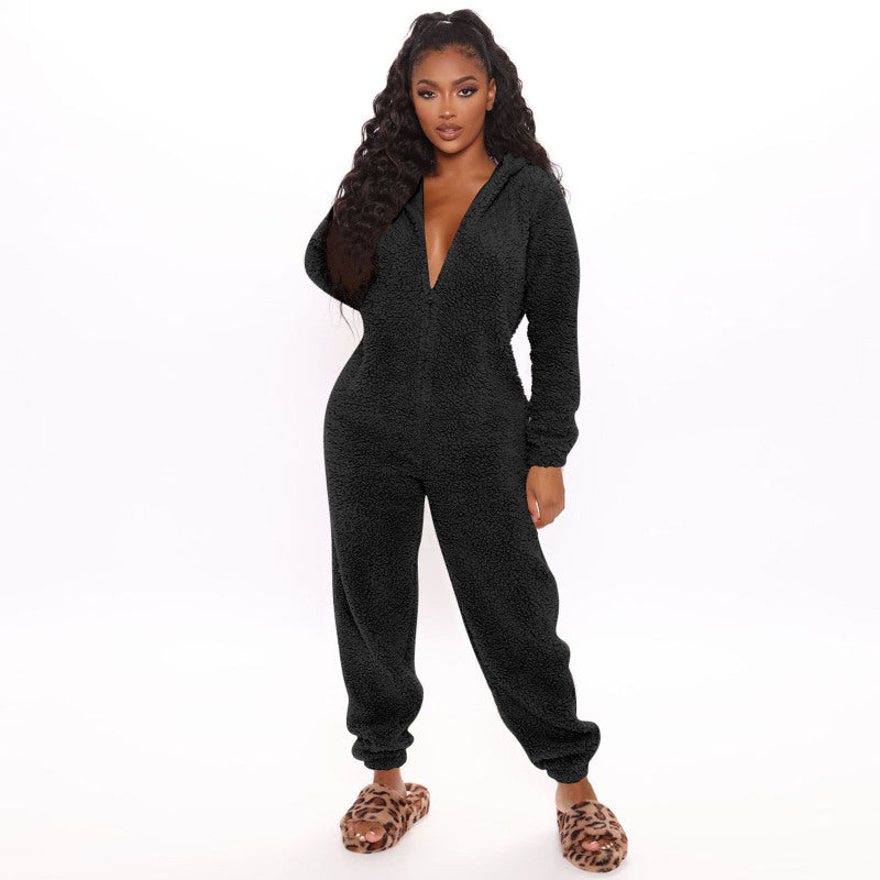 Long Sleeve Hooded Jumpsuit Pants Plush Loungewear BLUE ZONE PLANET