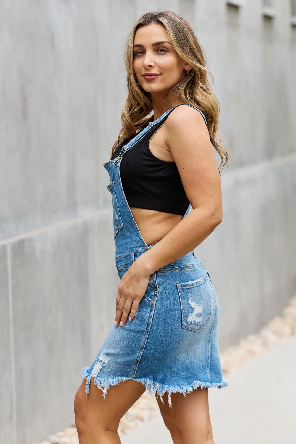 RISEN Olivia Denim Overall Mini Dress BLUE ZONE PLANET