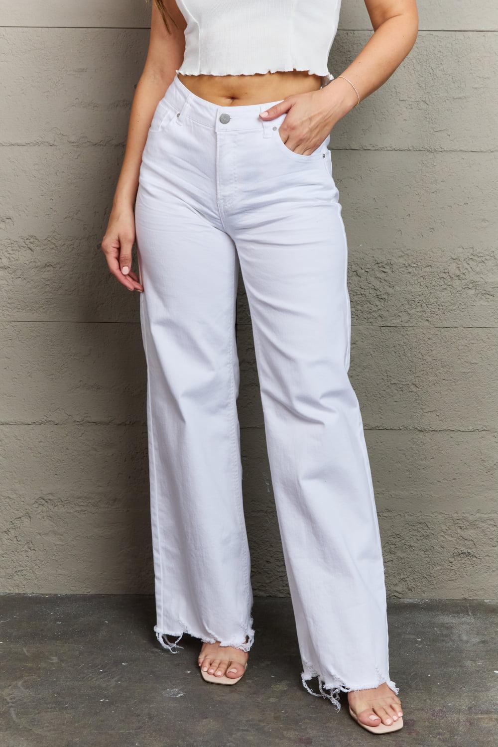 RISEN Raelene Full Size High Waist Wide Leg Jeans in White BLUE ZONE PLANET