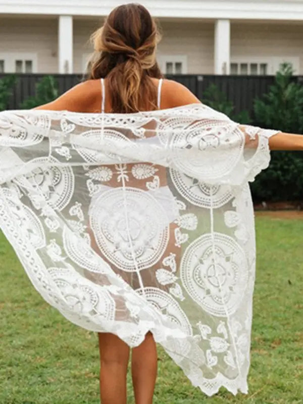 Raven's Embroidered lace bikini and mesh cardigan beach cover-up kakaclo