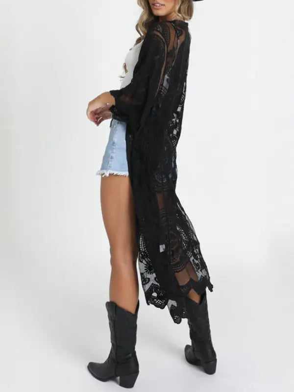 Raven's Embroidered lace bikini and mesh cardigan beach cover-up kakaclo