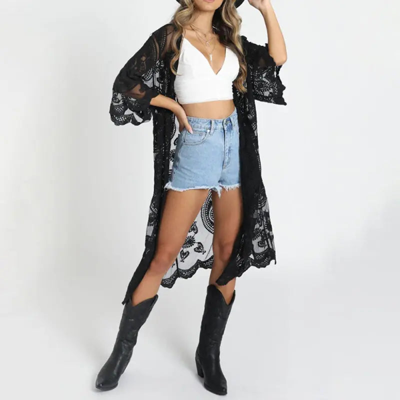 Raven's Embroidered lace bikini and mesh cardigan beach cover-up kakaclo