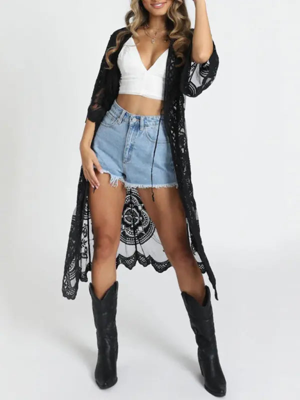 Raven's Embroidered lace bikini and mesh cardigan beach cover-up kakaclo