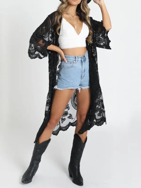 Raven's Embroidered lace bikini and mesh cardigan beach cover-up kakaclo
