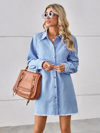 Raw Hem Button Up Denim Dress Trendsi