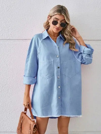 Raw Hem Button Up Denim Dress Trendsi